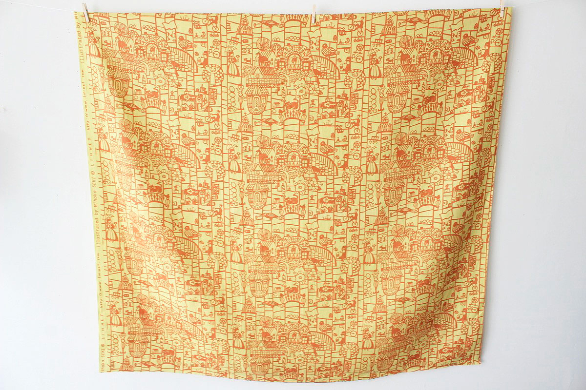 LINNETリネンプリント あみだくじ<br />きはだ色×朱赤