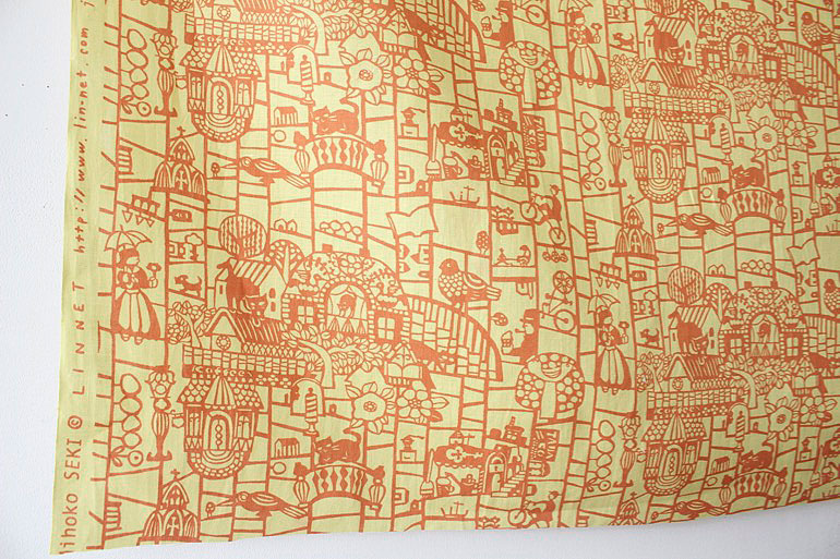 LINNETリネンプリント あみだくじ きはだ色×朱赤