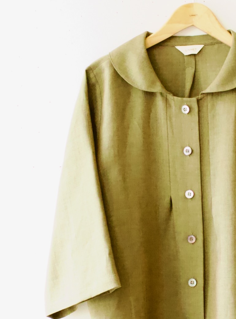 PDNo.126大きめヘチマ衿ブラウス　<br />シャンブレイアンティ-クグリ-ン