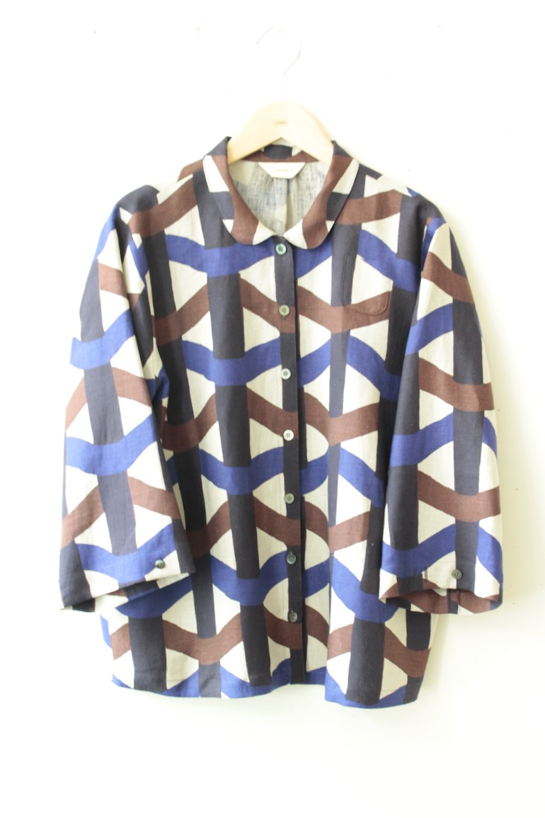 PD No.135小さな丸衿ブラウス　　7分袖<br />籠の目紫茶