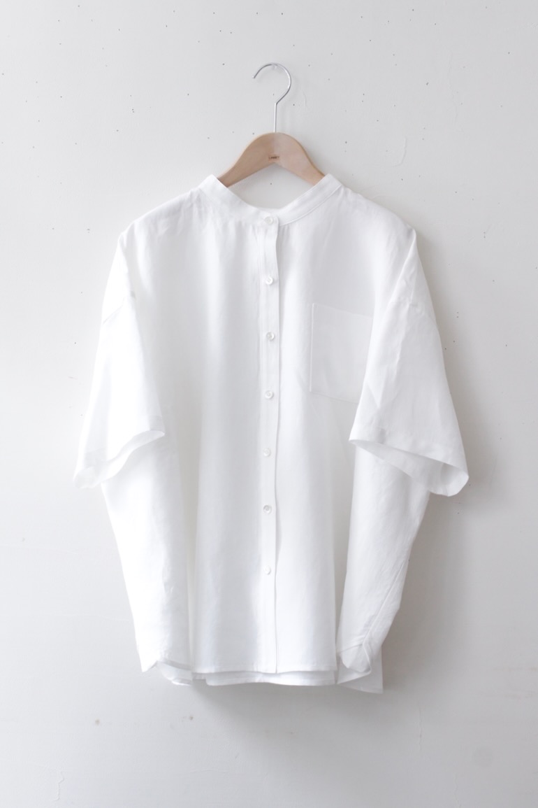 PD No.141　スタンドカラービッグシャツ半袖ギャザー<br />クラシックスノ-ホワイト