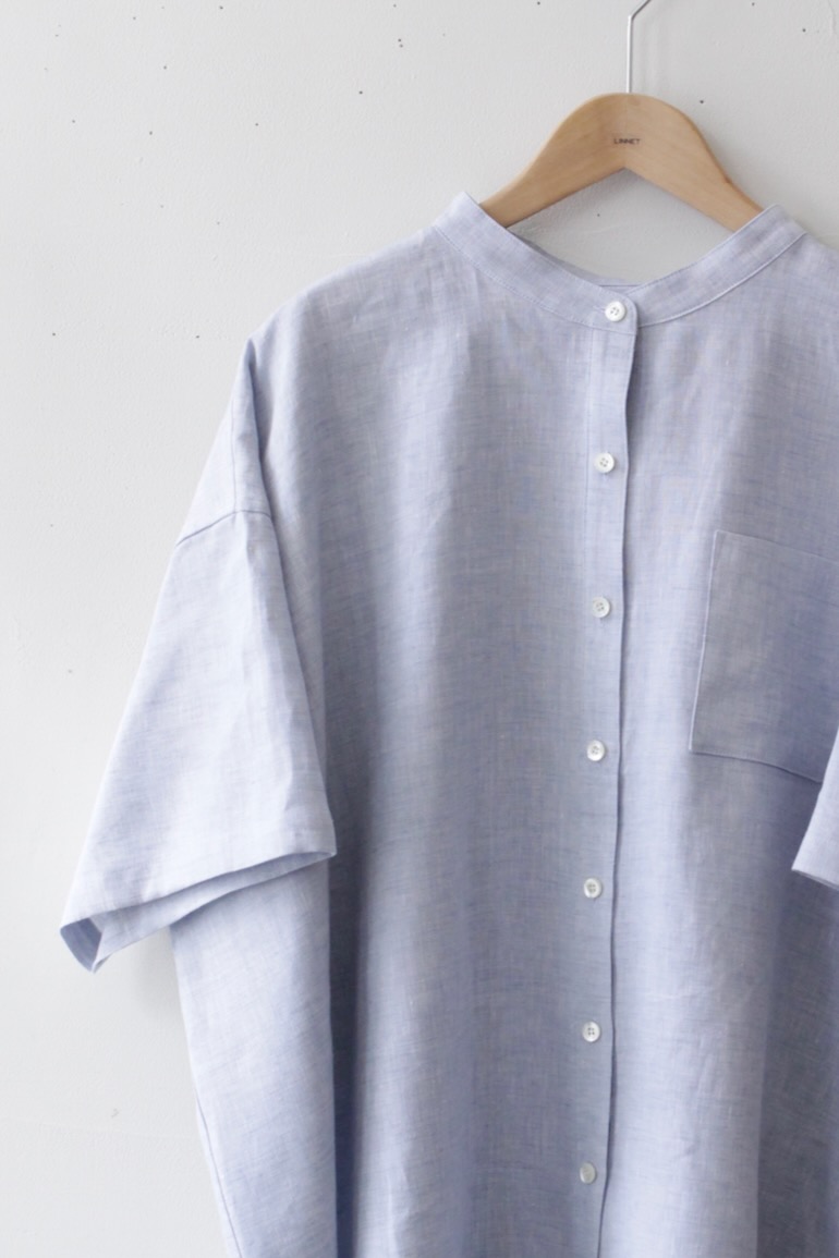 PD No.141　スタンドカラービッグシャツ半袖ギャザー<br />シャンブレイアクア