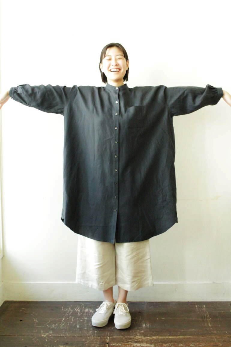 PD No.141 スタンドカラービッグロングシャツ長袖ギャザー<br />クラシックネイビ-