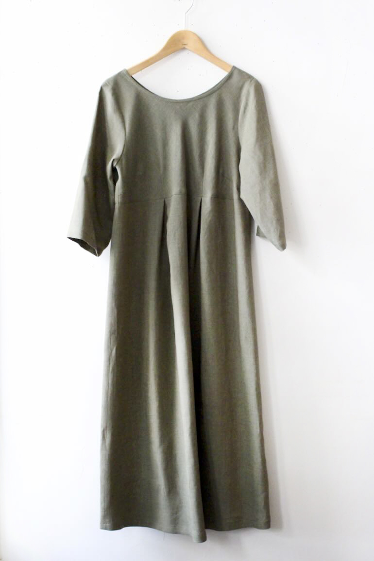 PD_No.34ボックスプリーツワンピース L,XL　七分袖<br />シャンブレ-アンティ-クグリ-ン