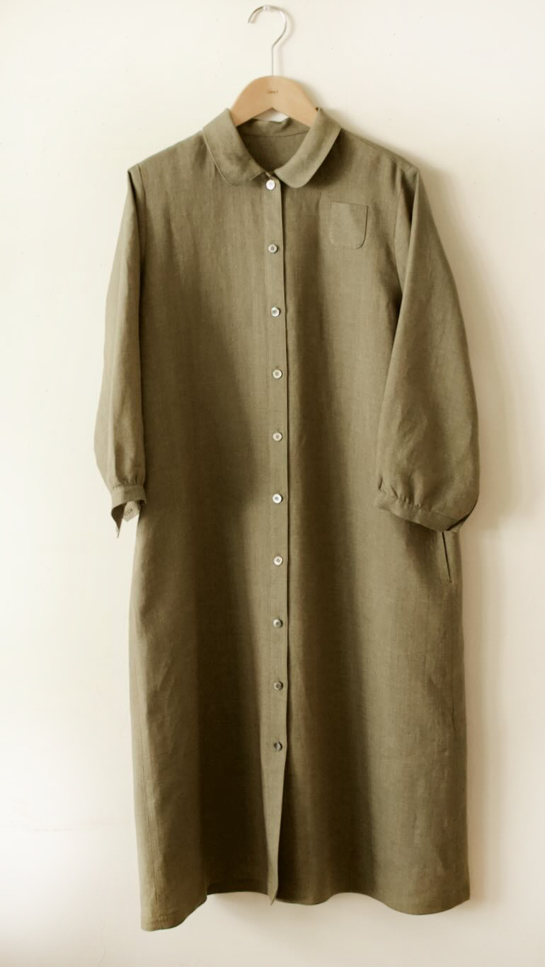 PDNo.74丸衿ドレス 七分袖<br />シャンブレイ　アンティ-クグリ-ン