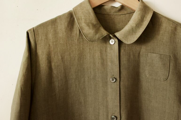 PDNo.74丸衿ドレス 七分袖<br />シャンブレイ　アンティ-クグリ-ン