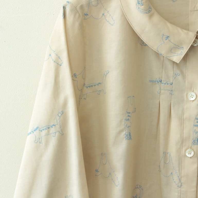 NO.94小さなタックブラウスレース七分袖<br />jc刺繍猫細ラインBE×ブル-