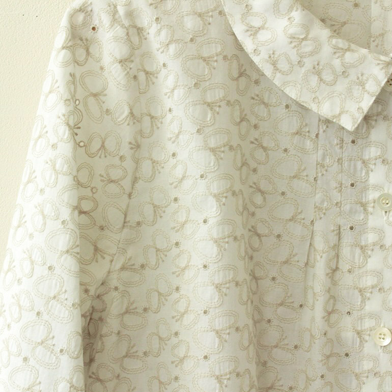 NO.94小さなタックブラウスレース七分袖<br />jc刺繍蝶々オフ